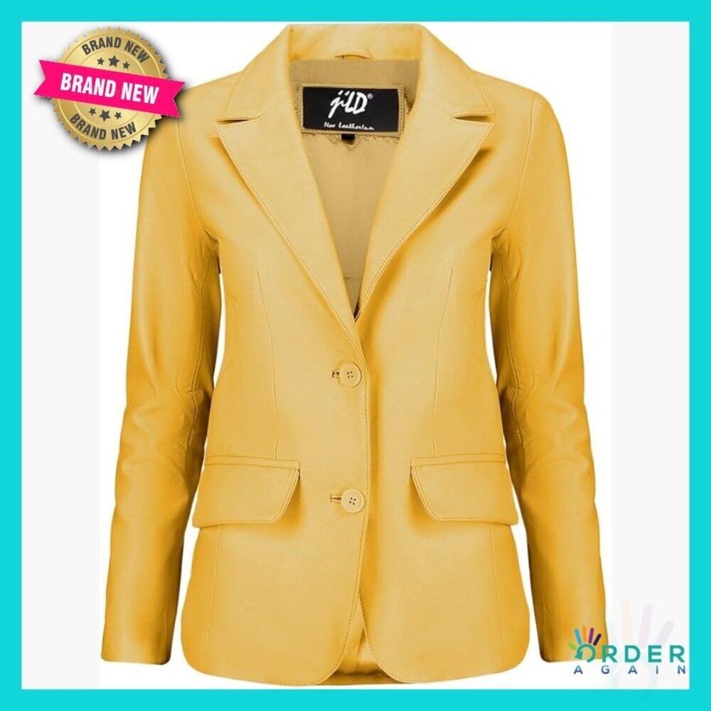 Classic Lambskin Leather Blazer Notch Lapel Two Button Closure Professional